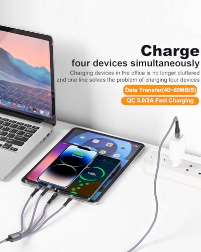SIQIWO Multi USB C Cable Fast Charging, [4FT/2 Pack] QC 3.0(3A) USB C Splitter Cable, 4 in 1 Charger Cord with 4 Type C Ports, for iPhone 17/16/15 Series, iPad Air/Pro, Samsung Galaxy S25, Pixel, PS5 - color: Gray