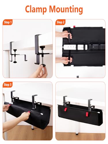 No Drill Under Desk Cable Management Tray - 28" Cord Management Under Desk - No Drill Needed - Easy Clamp - Premium Fabric Cable Management Tray for Office/Home