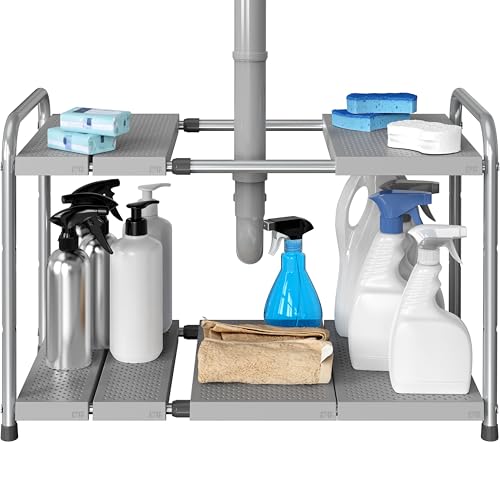 Simple Houseware Under Sink 2-Tier Heavy Duty Expandable Rack Organizer, Adjustable Width 15.75–25 Inches with 4 Shelf Height Levels, Silver - color: Silver