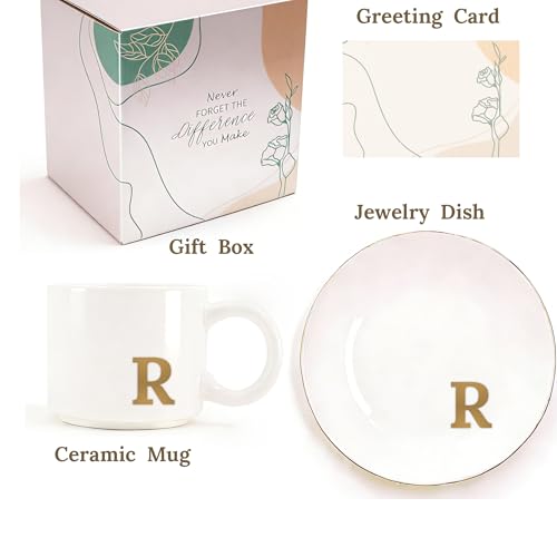 RainVibe Elegant Gift Set for Women – Personalized Monogram Ceramic Mug & Jewelry Tray – 12 oz Gold-Initial Coffee Cup with Gift Box, 4.75" Decorative Dish for Rings, Earrings, Keys (Letter R) - color: Letter R