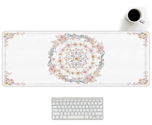Boho Mouse Pad Mandala Desk Mat, Spring Summer Mouse Pad for Desk Large, Boho Desktop Mats Aesthetic French Countryside Computers Pads for Desk Office Dorm Women 31.5x11.8 - color: Pink Boho Flroal, size: 31.5L x 11.8W inches