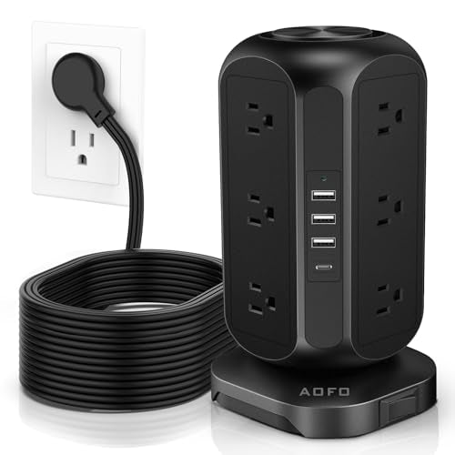Long Extension Cord 15 ft Power Strip Tower, Surge Protector 12 AC Outlets 4 USB(1 USB C) Ports, Charging Tower Overload Protection with Multiple Outlets for Home Office - color: Black, size: 15FT