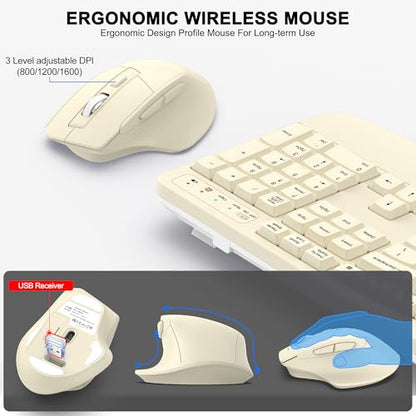 Wireless Keyboard and Mouse Combo, Ergonomic Wave Keys (Latte) | 2.4G Full Size Wave Keyboard with Wrist Rest, 3-Level DPI Adjustable Ergonomic Mouse for Windows and Mac OS Desktop/Laptop/PC - color: Latte