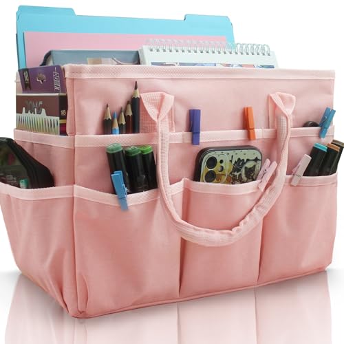 Cupohus Art Organizer Craft Storage Tote Bag with Pockets and Handles, Oxford Fabric Carrying Caddy for Teacher, Officer, Artist, Traveler, and more –Pink - color: Pink