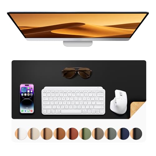 Aothia Dual-Sided Desk Pad - 25.6x13.7 inches Leather Desk Mat, Natural Cork Desk Pad Protector, Large Mouse Pad for Desk, Waterproof Desk Blotter Pad, Desk Writing Pad for Office Work/Home, Black - color: Deep Black+cork, size: 25.6" x 13.7"