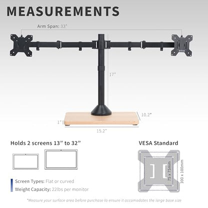 VIVO Freestanding Dual Monitor Stand with Solid Wood Base and Adjustable Arms, Mounts 2 Screens up to 32 inch and 22 lbs Each, Black, STAND-V002FD-B - color: Black/Wood, size: 13" to 32" Screens