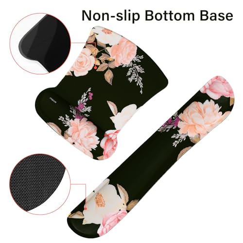 MOSISO Keyboard Mouse Pad Set, Large Gaming Mousepad&Keyboard Wrist Rest&Mouse Pad with Wrist Rest&Coaster, Peony Ergonomic Non-Slip Mousepad with Raised Memory Foam for Home Office, Black