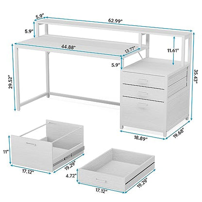 Tribesigns 63 Inch Computer Desk with File Drawer Cabinet, Ergonomic Office Desk with Monitor Stand, Computer Table with Printer Space, Wood PC Table Workstation Desk for Home Office, White - color: White
