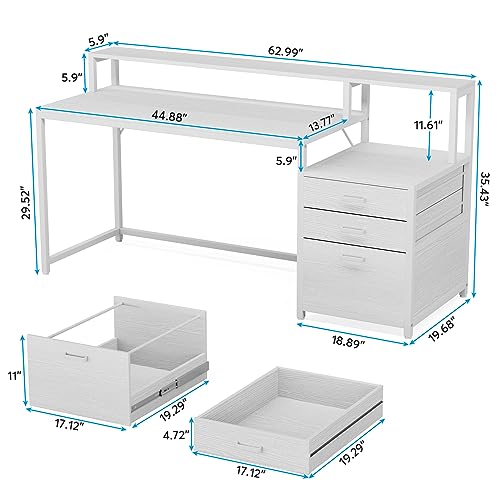 Tribesigns 63 Inch Computer Desk with File Drawer Cabinet, Ergonomic Office Desk with Monitor Stand, Computer Table with Printer Space, Wood PC Table Workstation Desk for Home Office, White - color: White
