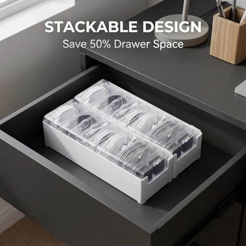 2 Pack Cable Organizer Box with 22 Mini Boxes, Clear Cord Storage Case