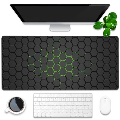 Desk Pad, Green Honeycomb Science Technology Extended Gaming Mouse Pad Large, 35.4"x15.7" Big Mouse Pad with Non-Slip Base and Stitched Edge, Long Computer Keyboard Mouse Mat for Home Office Work - color: Green Technology Honeycomb, size: 35.4"x15.7"