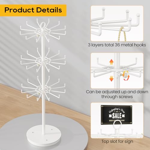 ORLESS 3 Tier Rotating Jewelry Display Stand, Keychain Display Stand with 36 Hooks, Metal Retail Display Spinning Holder for Vendor, Spinning Display Rack for Necklace Bracelet Earring Organizer White - color: White