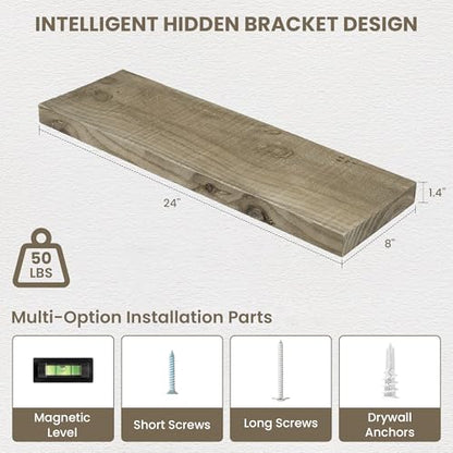 Acovy 24/30/36/40/48/55/72" Unfinished Solid Reclaimed Wood Floating Shelves, Rustic Heavy-Duty Wall Shelves, 8" Deep Floating Shelf for Living Room, Bathroom, Bedroom and Kitchen, Grey - color: Cement Grey, size: 24inches-2P