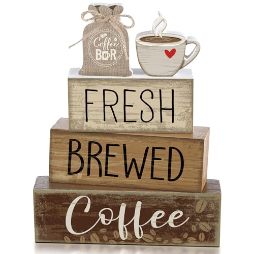 Yuntau 5 Pcs Wooden Coffee Bar Decor Cocoa Tiered Tray Decor Rustic Wood Bar Sign Gift Farmhouse Table Top Centerpiece Stacks Block Sign for Home Shelf Mantel Kitchen - style: Coffee Bar
