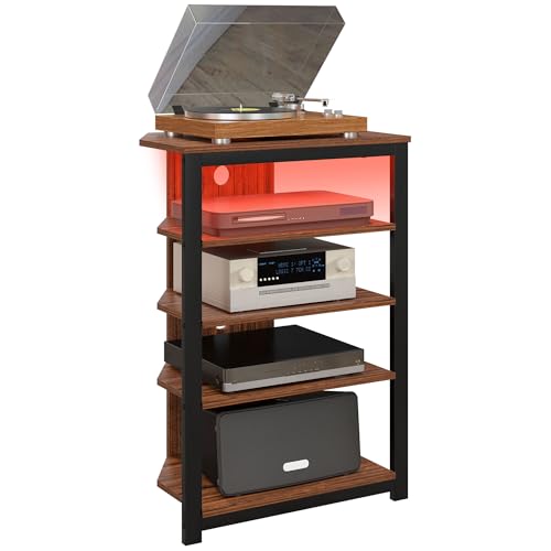 HOMCOM Media Stand with LED 4-Tier Audio Rack AV Media Corner Shelf with Cable Management for DVD Players Game Console TV Box Cable Box Xbox WiFi Router, Brown - color: Brown, style: With LED Lights