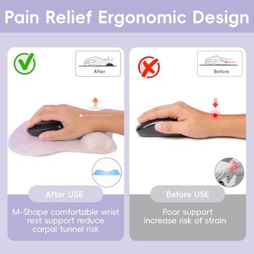Mouse Pad with Wrist Rest Ergonomic Mouse Pad with Comfortable M-Shape Pain Relief Wrist Support Non-Slip PU Base Mousepad for Laptop, Office & Home (Lilac) - color: Lilac