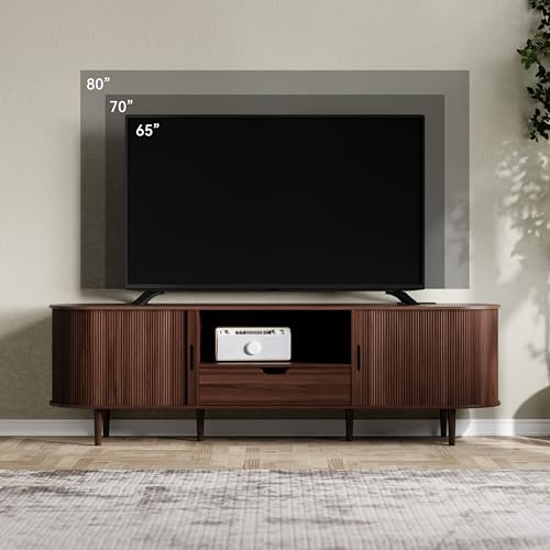 DHH 71" Fluted TV Stand with Power Outlet for TVs up to 80", TV Console with Adjustable Shelves and Sliding Door,Mid Century Modern Entertainment Center for Living Room,Bedroom (Walnut, 71Inch)