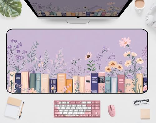 Purple Book Desk Pad Mat XXL, Lavender Flower Large Mousepad, Game Desk Mat, Extended Laptop Keyboard Mats, Cute Desktop Protection Pad, Women's Home Office Desk Decoration 31.5"X15.7" - color: Purple Lavender