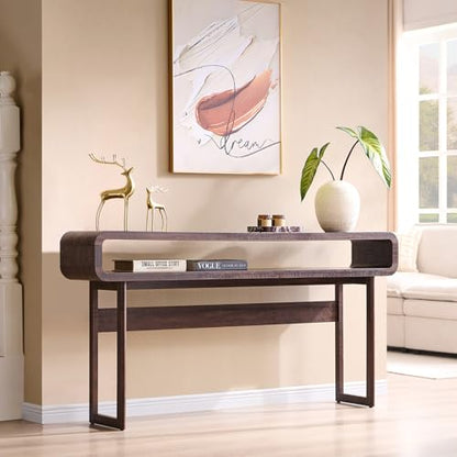 IFGET 63-Inch Long Console Table, 31.5" Tall Modern Entryway Table with Open Storage Shelf, Curved Profile Design, Narrow Wood Sofa Table Behind Couch Tables for Living Room, Hallway, Foyer, Brown - color: Brown
