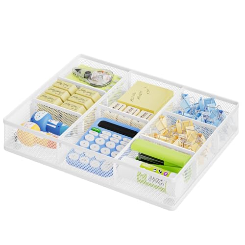 Marbrasse Desk Drawer Organizer, Metal Mesh Drawer Organizer Tray with 5 Adjustable Compartments,Desk Organizers and Accessories for Home,Office,Kitchen,Makeup,Vanity (White) - color: White