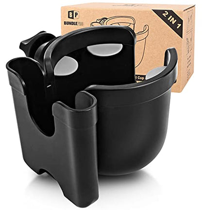 Universal Stroller Cup Holder with Mobile Phone Case, 2-in-1 Strollers Storage Rack, 360 Degrees Rotation Drink Holder for Bike, Pushchair, Wheelchair, Walker,Bicycle, Fits Most Cups - color: BLACK