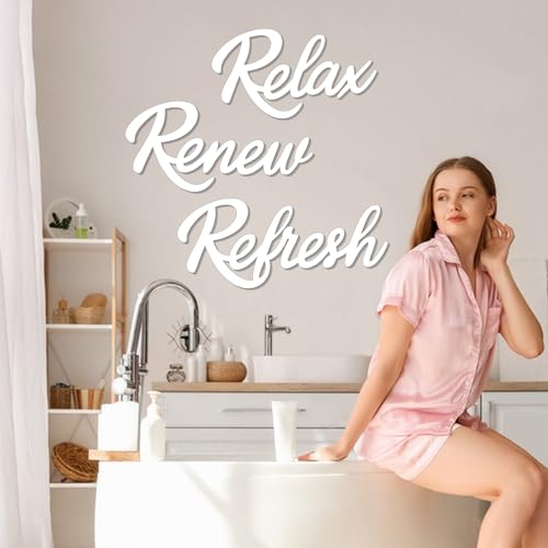3 Pieces Bathroom Decor Wooden Bathroom Sign,Relax Renew Refresh Sign (White) - color: White