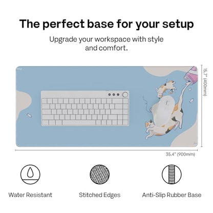 Pixio Mouse Pads - 36 x 16 inch XXL Milky Cats Blue Multifunctional Large Desk Mats for Gaming, Office, Desktop Anti-Slip Waterproof Washable Computer Mouse Mat - color: Blue Milky Cat