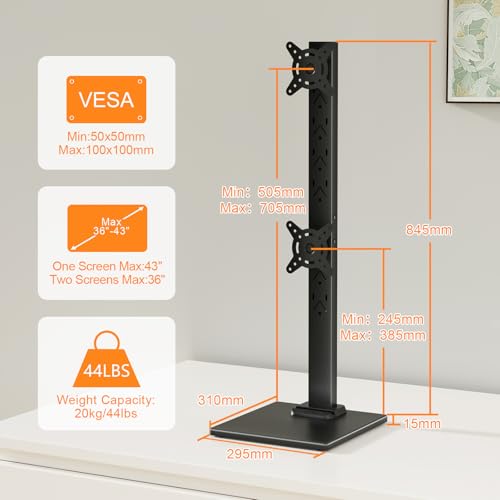 Suptek Dual Monitor Stand with Base- Vertical Stack Screen Free-Standing Monitor Riser Fits Two 13 to 36Inch Screen with Swivel, Tilt, Height Adjustable,50,75 and 100mm Vesa Base Stand - size: 13-36in(dual)