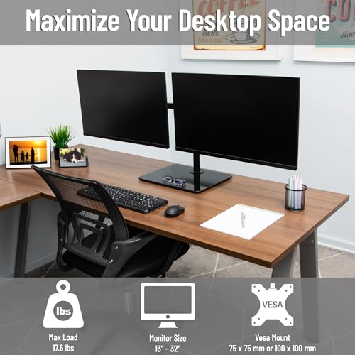 Mind Reader Freestanding Dual Monitor Desk Mount for 13"-32" Screens, VESA 75x75/100x100, Full Motion with 180° Rotation, ±90° Swivel, ±45° Tilt, Holds Up to 17.6 lbs Each – No Clamp, Black