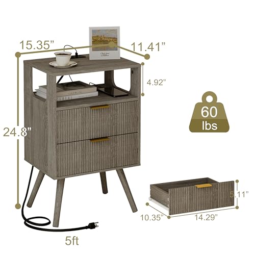 JOONEE Nightstand with Charging Station and LED Lights,Modern Bedside Table with 2 Storage Drawer and Open Wood Shelf, for Bedroom and Small Spaces,Night Stand with Solid Wood Legs,GreyOak - color: Greyoak