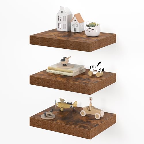 Dreamland 16" Floating Shelves for Wall, 12" Deep Thicker Floating Shelves, Wall-Mounted Shelves for Bedroom, Living Room, Kitchen, Bathroom,Rustic Brown - Set of 3 - color: Rustic Brown, size: 16"W x 12"D x 2"H, Set of 3