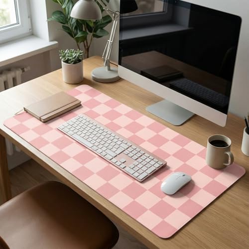 Large Desk Mat 31.5x15.7 Inch, Checkered Computer Mouse Pad Keyboard Mat, Non-Slip Office Desk Pad, Waterproof Rubber Desk Mat for Home Office Decor (Coral) - color: Coral