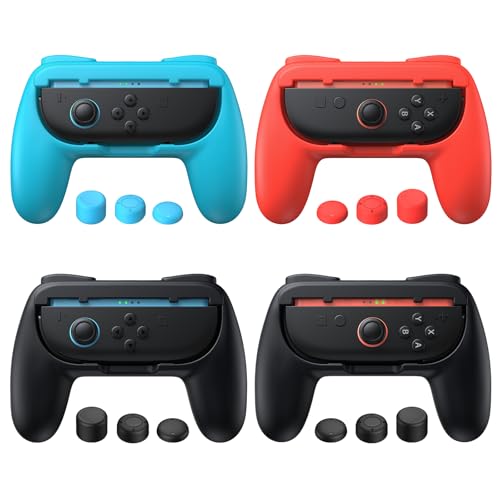 FASTSNAIL 4 Pack Grips for Nintendo Switch 2 (2025) for Joy-Con 2, Wear-Resistant & Anti-Slip Joypad 2 Handle Kit with 12 Thumb Caps, Switch 2 Holder Accessories for Joycon 2 (Black,Black,Red,Blue) - color: Black, Black, Red, Blue, size: Switch 2 7.9inch
