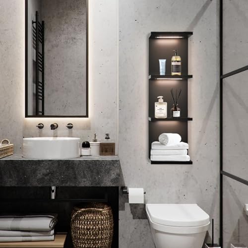 4 Tier LED Wall Shelf - Modern Floating Shelves for Makeup Vanity, Bedroom, Living Room | Easy Install Cosmetic & Display Lack Shelf, Black - color: 4l-black