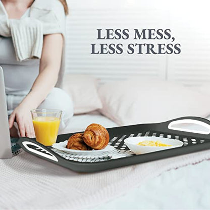 Rectangular Non Slip Serving Tray with Easy Grip Handles. Silicone Nubs On Non Skid Plastic Food Tray - Portable Dinner TV Trays for Eating On Couch- Anti Slip Lap Tray Breakfast in Bed Dinner Tray - color: Dark Gray