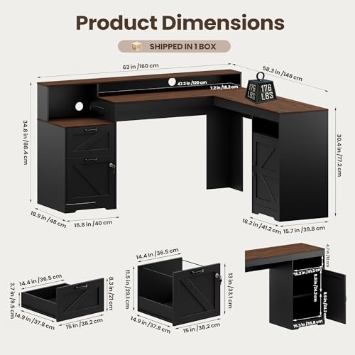 MALOL 63" Farmhouse L Shaped Executive Desk, Corner Computer Desk with Drawers & Storage Shelf, Home Office Desk with Power Outlet, Monitor Stand, Wood Grain Desktop, Black & Rustic Brown