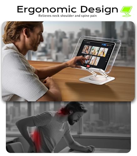 Book Stand for Reading, Adjustable Book Holder with 360°Rotating Bases, Ergonomic Cookbook Stand Recipe Book Holder with Elastic Page Clips for Magazines, Tablets, Laptops,Acrylic White - color: Acrylic White
