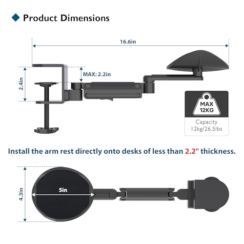 BONTEC Adjustable Arm Rest for Desk, Ergonomic Elbow Rest Pad, 360° Rotating & Extendable Desk Arm Support, Durable Aluminum, Keyboard & Computer Arm Rest Pad, Office & Gaming Desk Accessories