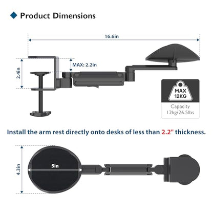 BONTEC Adjustable Arm Rest for Desk, Ergonomic Elbow Rest Pad, 360° Rotating & Extendable Desk Arm Support, Durable Aluminum, Keyboard & Computer Arm Rest Pad, Office & Gaming Desk Accessories