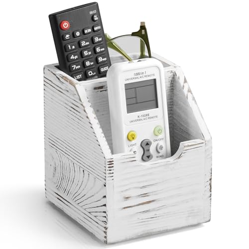 Remote Control Holder, TV Remote Holder, Wood Farmhouse Remote Caddy for Table, Remote Organizer Caddy with 2 Slots, Remote Storage Box for Home Office Rustic White - color: Rustic White, size: 2 Slots