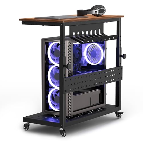 Computer Tower Stand, 11 Level Height Adjustable PC Stand with Line Storage Rack, Mobile Rolling CPU Holder Cart for Gaming Office Home (Rustic Brown)