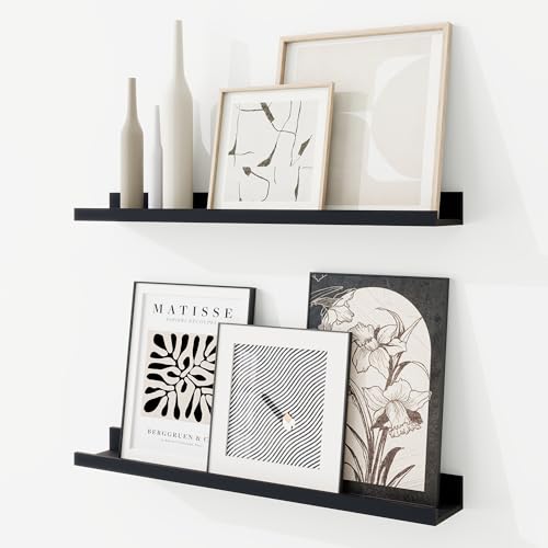 RICHFOCUS Picture Ledge Shelf, 24 inch Floating Shelves Set of 2, Wood Wall Shelves with Lip, Wall Decor Storage for Bedroom Living Room Bathroom Kitchen Nursery Photo Picture, Black - color: Black, size: 24 Inch, set of 2