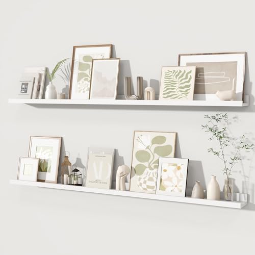 Fun Memories Picture Ledge Shelves Set of 2, 55 Inch Rustic Wall Mounted Floating Shelves with Lip for Home Storage and Décor in Bathroom, Kitchen, Nursery, Bedroom, Living Room, White - color: White, size: 55 inch, Set of 2