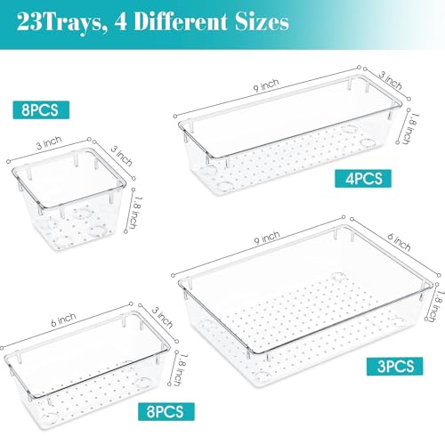 StorMiracle 23 PCS Clear Plastic Drawer Organizers Set, 4 Size Desk Drawer Organizer Trays for Makeup, Jewelry, Kitchen Utensils, Gadgets and Office Accessories - color: Clear, size: 23 PCS