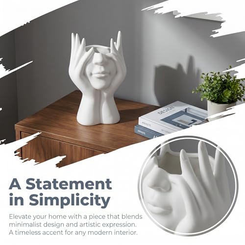Face-Holding Creative Pen Holder Art Decor Ornament, suitable for desk/vanity tabletop brush storage, home/office/bookshelf room decoration, with artificial flower base and gift-giving.