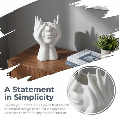 Face-Holding Creative Pen Holder Art Decor Ornament, suitable for desk/vanity tabletop brush storage, home/office/bookshelf room decoration, with artificial flower base and gift-giving.