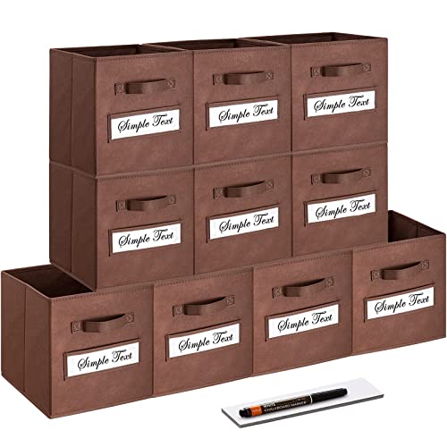 11 Inch Storage Cube,Storage bin,cube storage (Set of 10) Foldable Fabric Cube Storage Bins with 10 Labels Window Cards & a Pen,Baskets Containers for Shelves,Closet Organizers Box,Brown - color: Brown, size: 11"