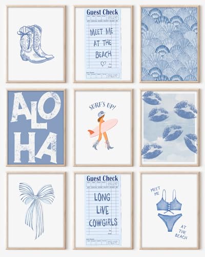 Kizbok Coastal Cowgirl Room Decor, Coastal Granddaughter Room Decor, Blue Surf Up Beachy Wall Decor Preppy Aesthetic Pictures, Trendy Beach Wall Art Boho Cowgirl Posters for Teen Girl Dorm Apartment Decor (Set of 9, Unframed) - color: Coastal Cowgirl