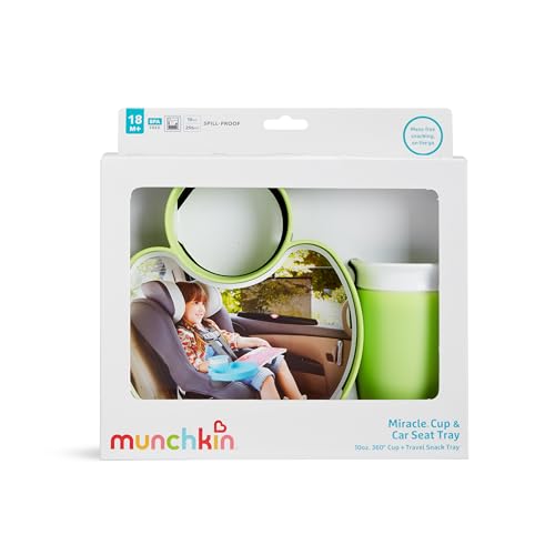Munchkin Carseat Tray with Miracle 360 Sippy Cup for Toddlers 1-3 - Travel & Road Trip Accessory for Kids, Mess-Free Snacking and Spill Proof Drinking in The Car, Green - color: Green