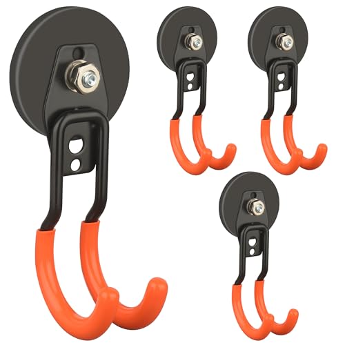 ULIBERMAGNET New Upgraded Garage Strong Magnetic Hooks, 4 Pack Heavy Duty Large J Hooks with Magnet, Anti-Slip Coating Magnet Hooks for Garden Tools, Ropes,Drill - style: V1 PRO 2.59" Medium J Orange 4PC